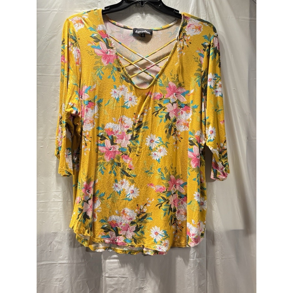 Alison Andrew's Womens Size 3X Yellow Floral Shirt  3/4 ‎ Sleeves V Neck